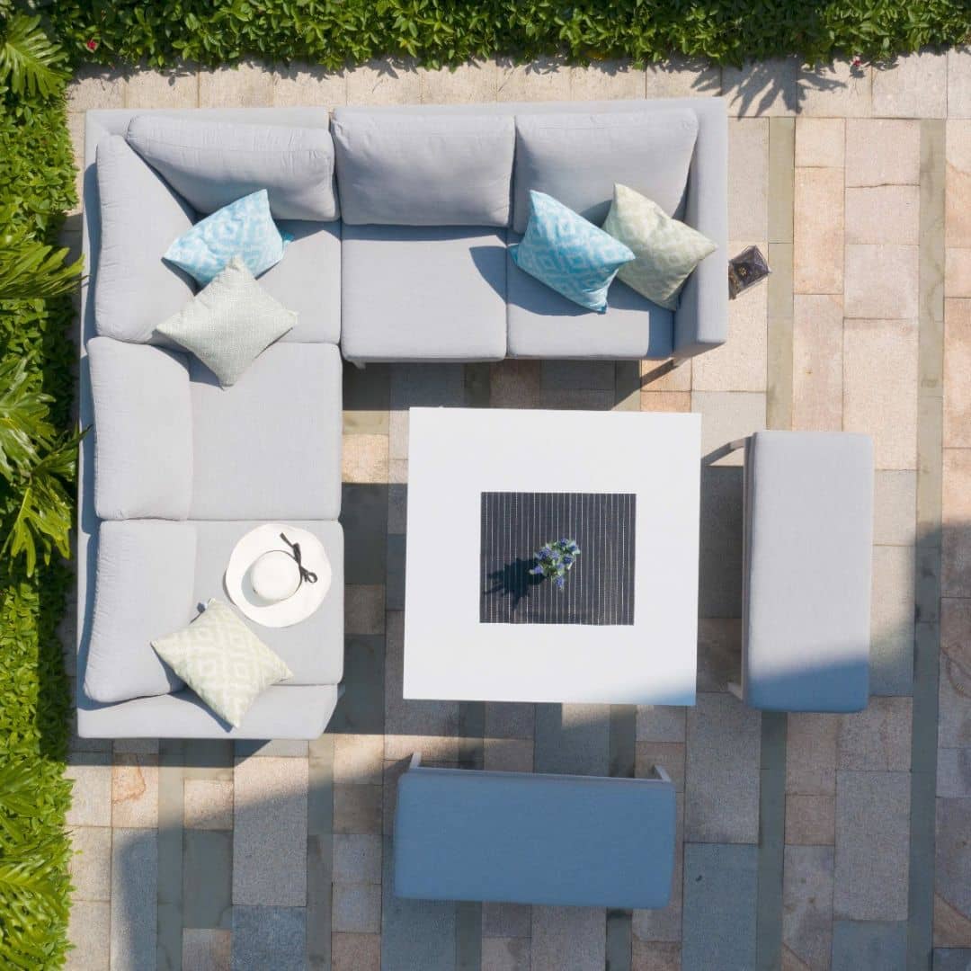 Fabric corner sofa dining set with square fire pit table #colour_lead chine