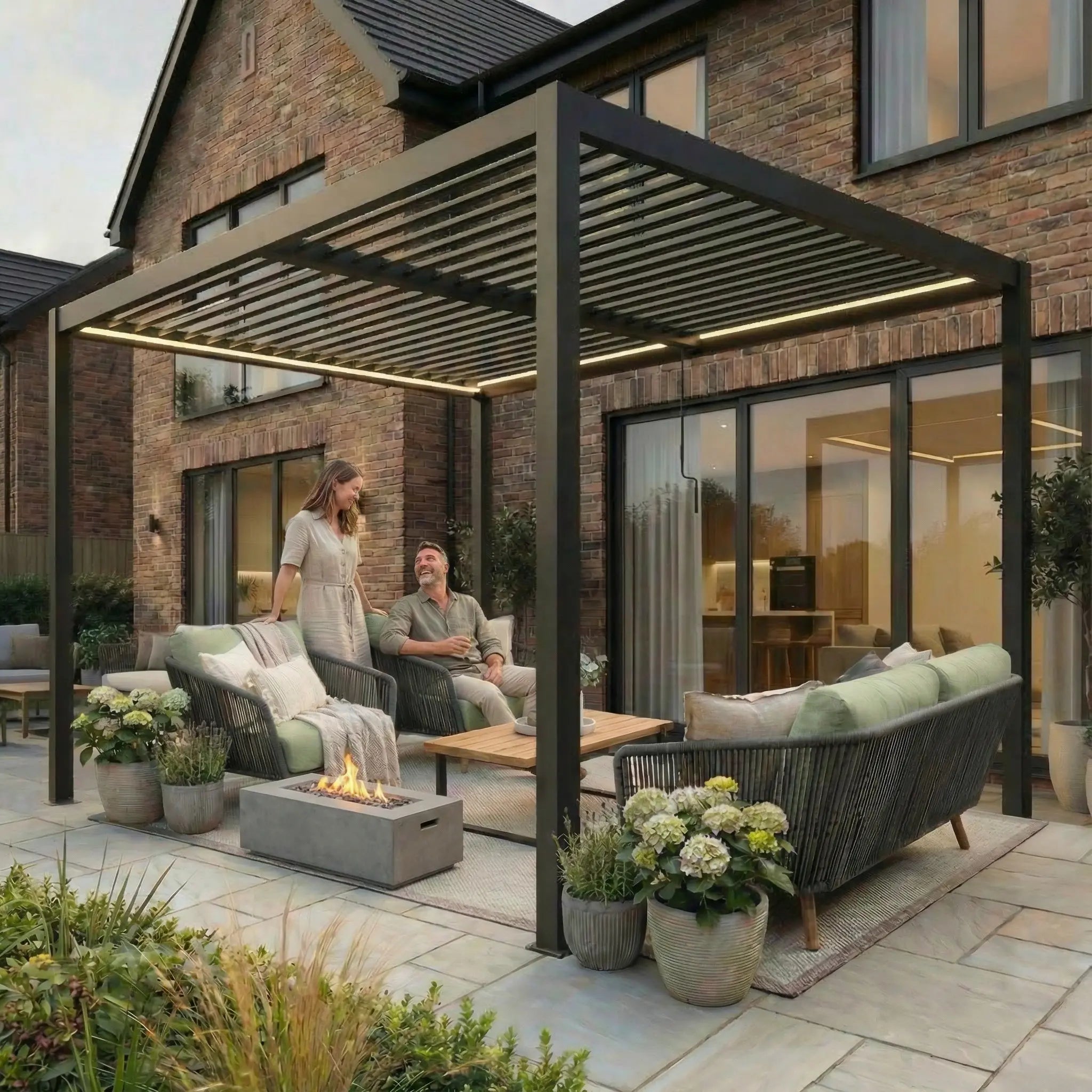 Linea 3m x 3m Aluminium Pergola with 3 Privacy Screens and LED Lighting