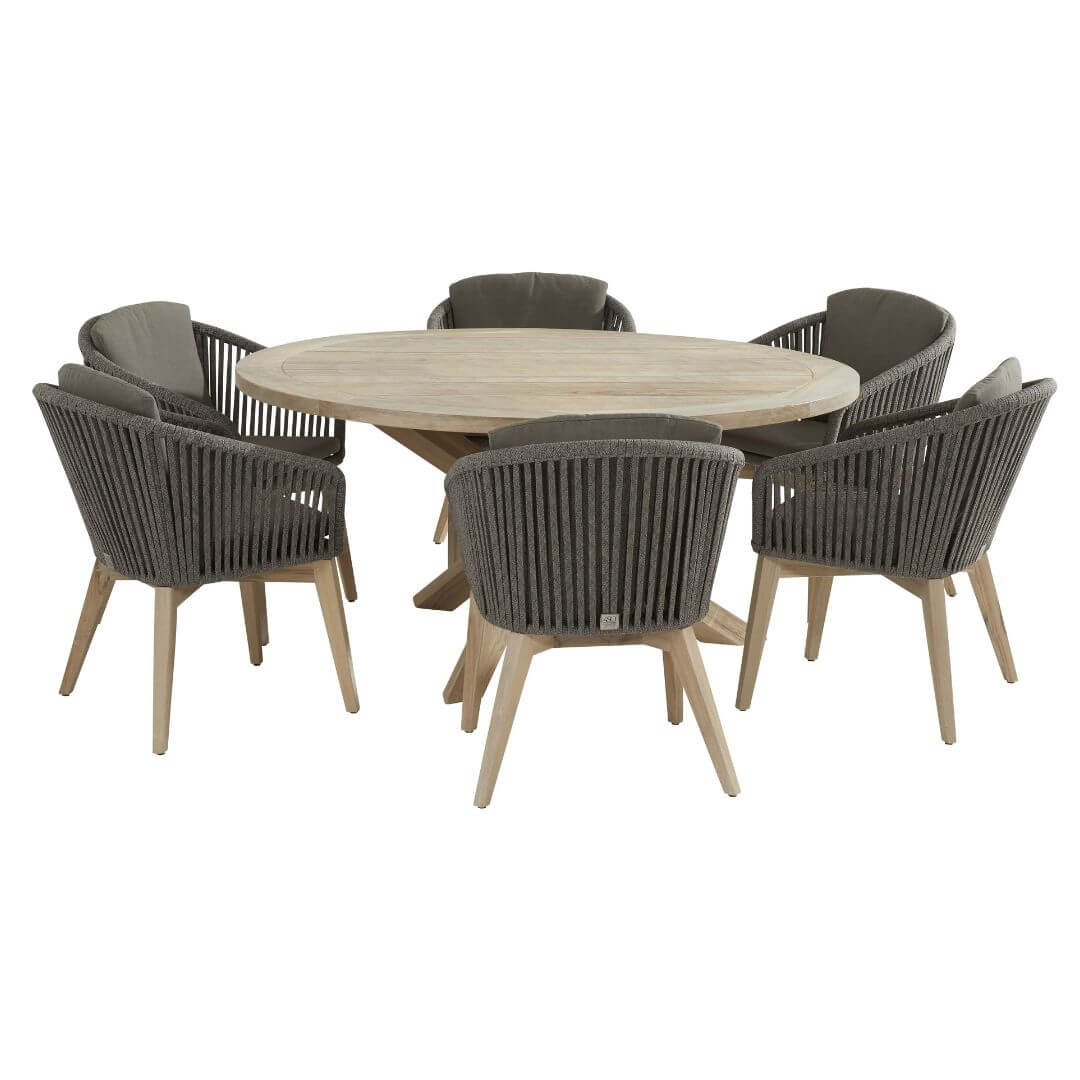 6 Seat Round Dining Set with Rope Dining Chairs and Teak Dining Table.