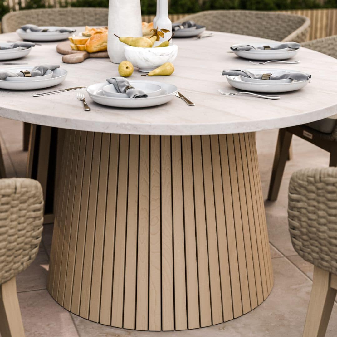 8 Seat Dining Set with an Acacia Hardwood Dual Half Conical Base, Warm Natural Effect Concrete Table Top and Synthetic Rope Weave Dining Chairs