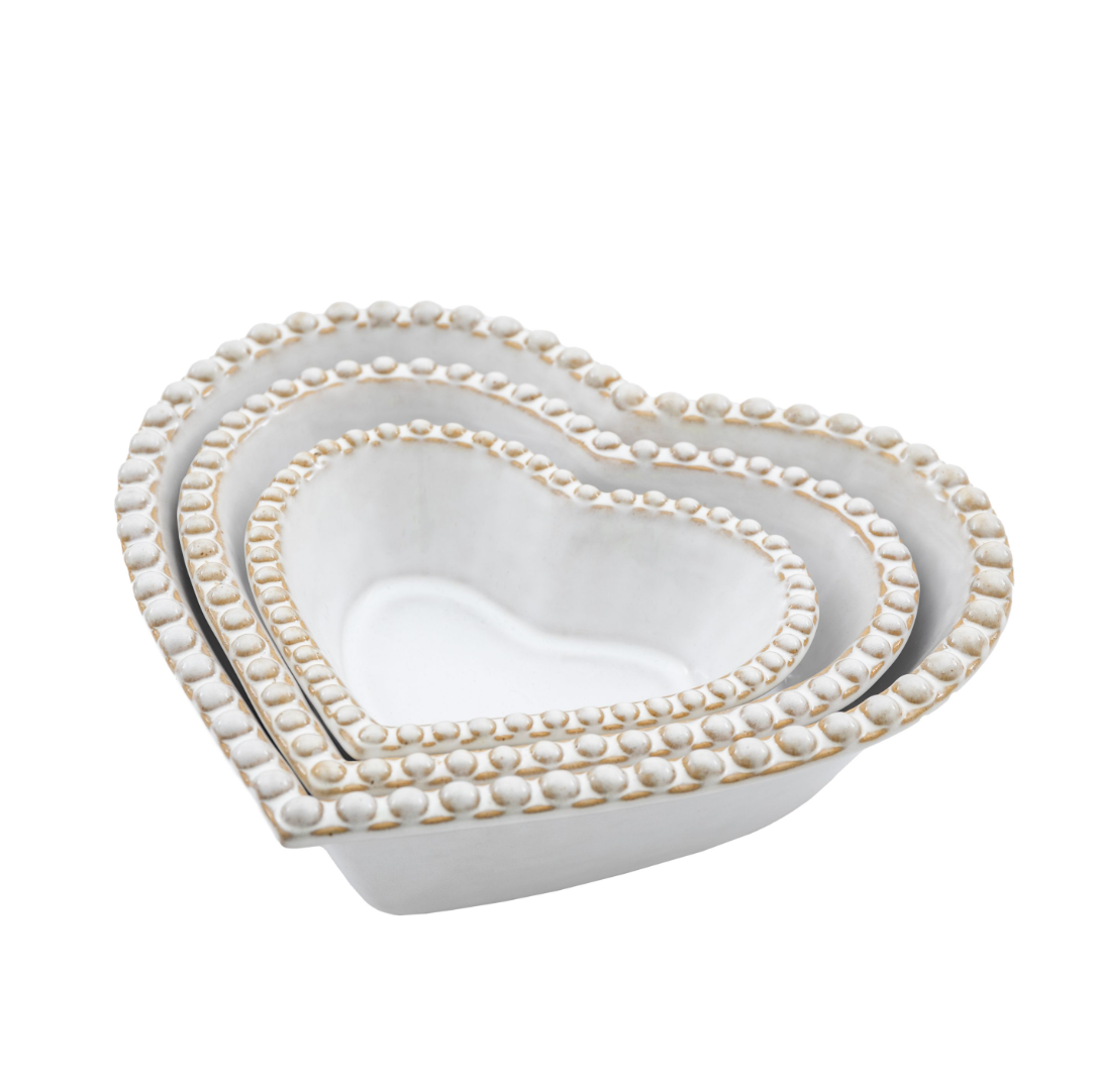 White Beaded Heart Bowl Set