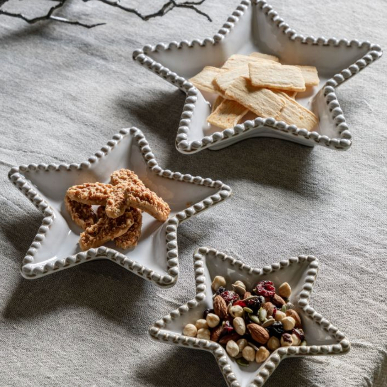 White Beaded Star Serving Bowls