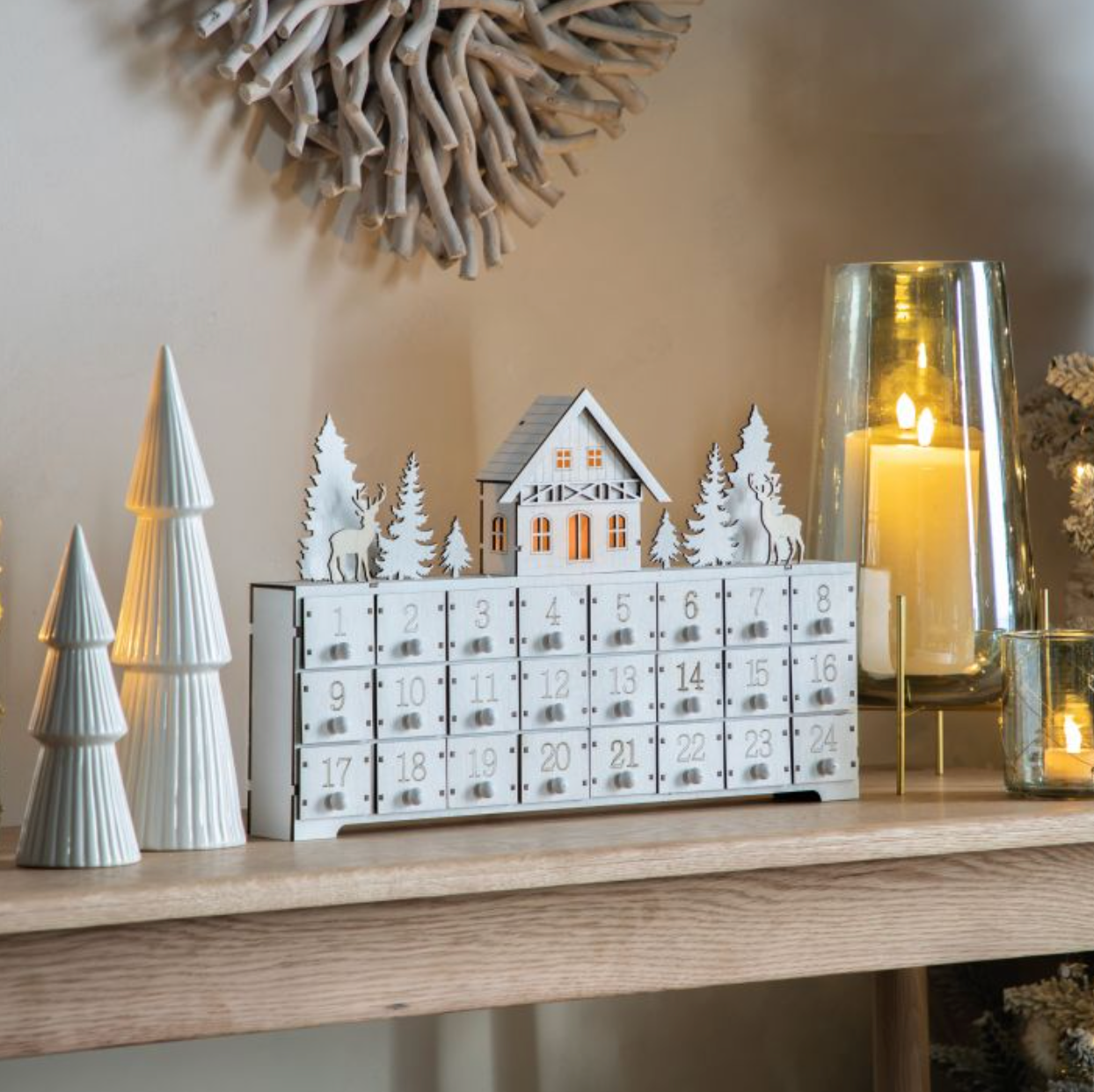 Festive White Wooden LED Advent Calendar