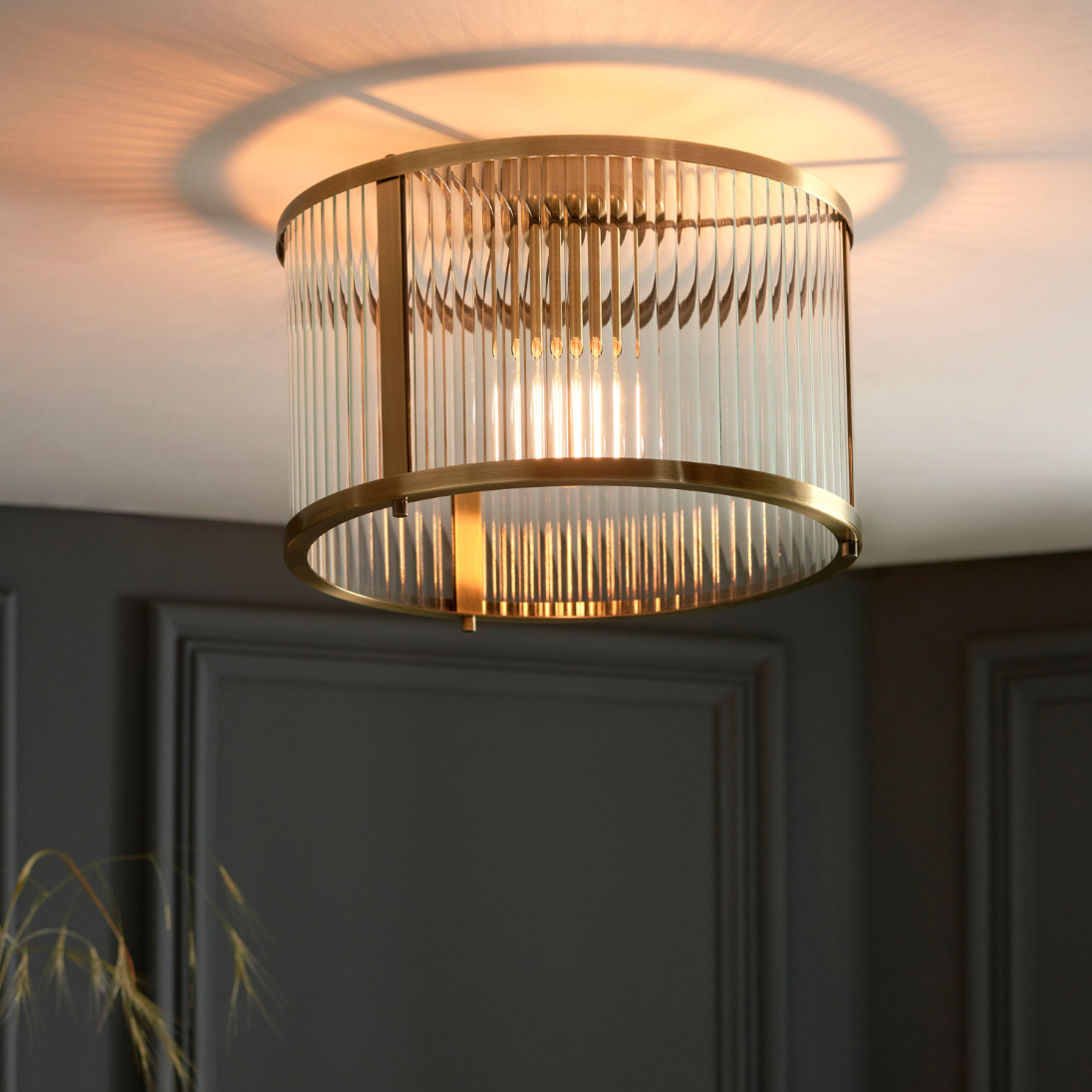 Flush Brass Ribbed Ceiling Light