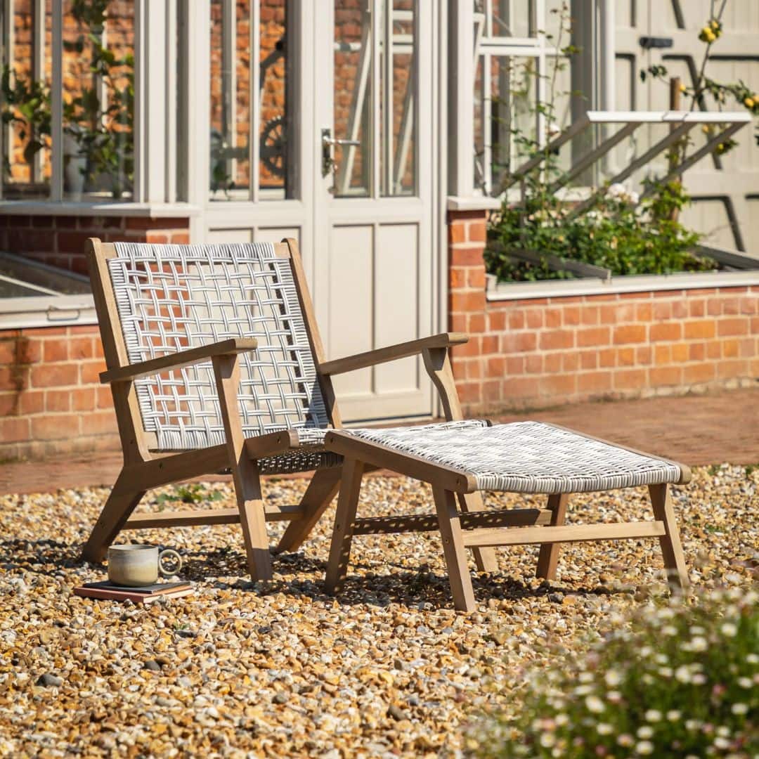 Acacia Wood and Plastic Wicker Lounge Chair with Footstool