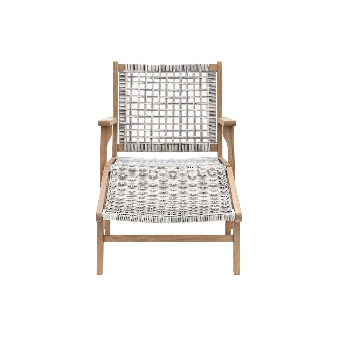 Acacia Wood and Plastic Wicker Lounge Chair with Footstool