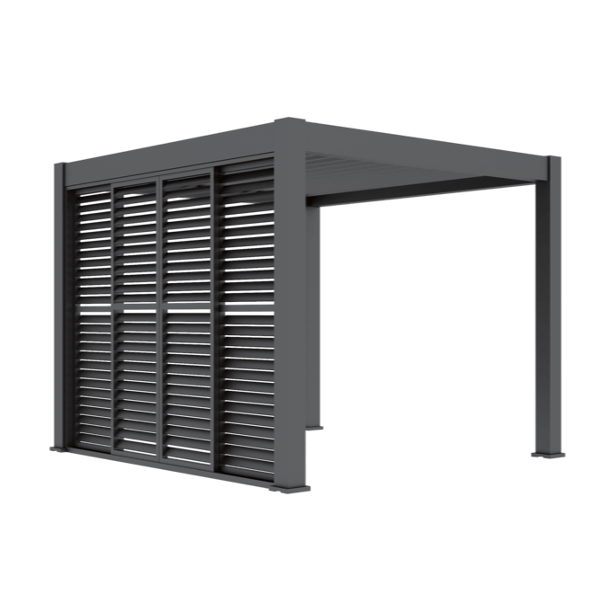 3m aluminium louvred sliding doors on a grey aluminium pergola