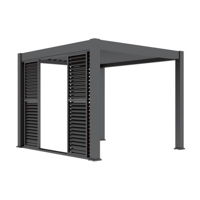 3m aluminium louvred sliding doors on a grey aluminium pergola