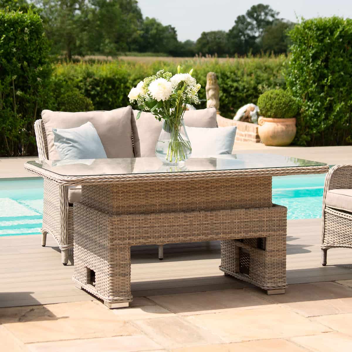 Grey/Taupe Rattan 2 Seat Sofa Dining Set with Rising Table