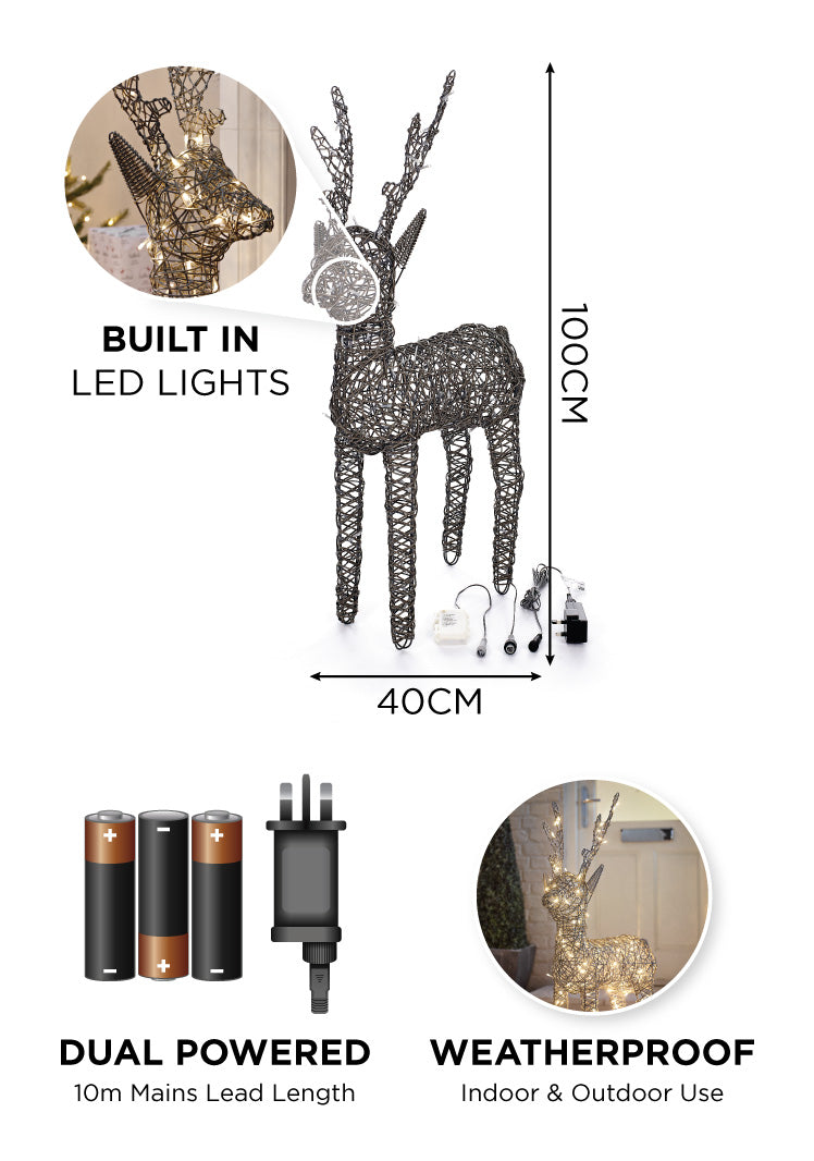 Grey 100cm Outdoor Rattan LED Reindeer