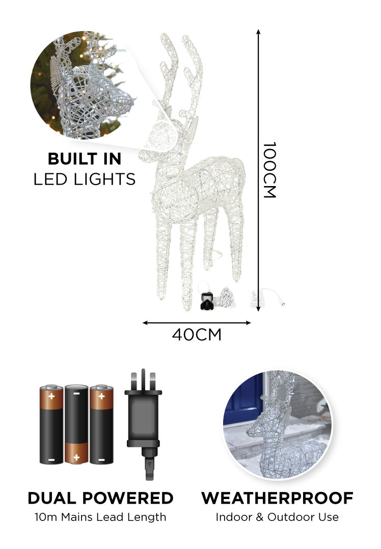 White 100cm Outdoor Rattan LED Reindeer