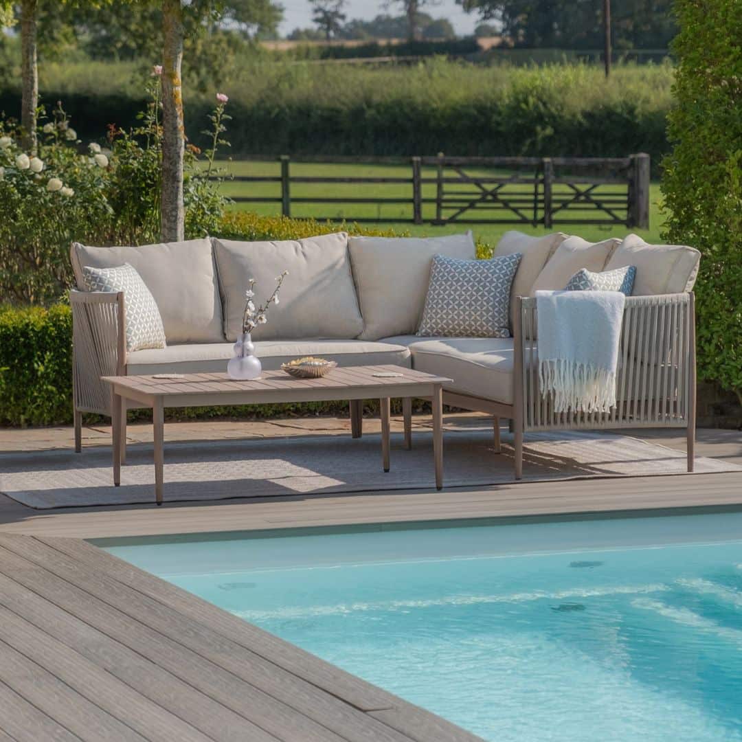 natural linen rope weave corner sofa set with wood effect aluminium frame