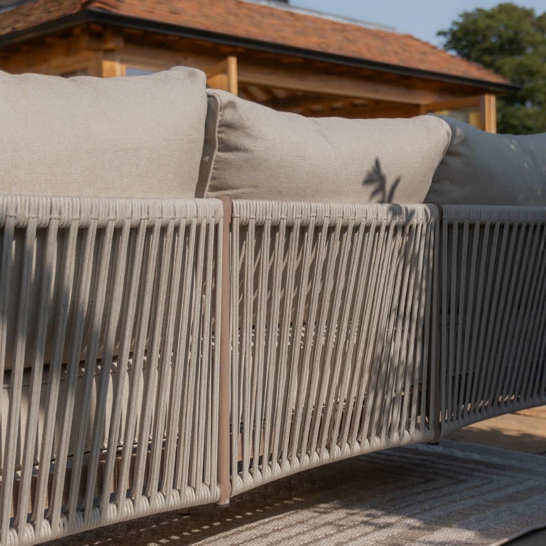 natural linen rope weave corner sofa set with single chair and wood effect aluminium frame