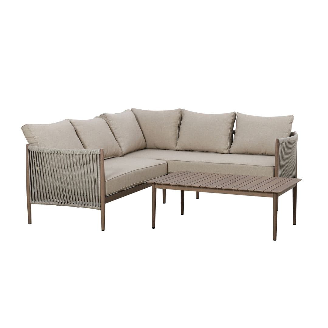 natural linen rope weave corner sofa set with wood effect aluminium frame