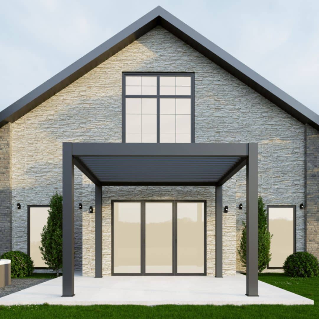 2.5m x 2.5m grey aluminium pergola with louvred roof