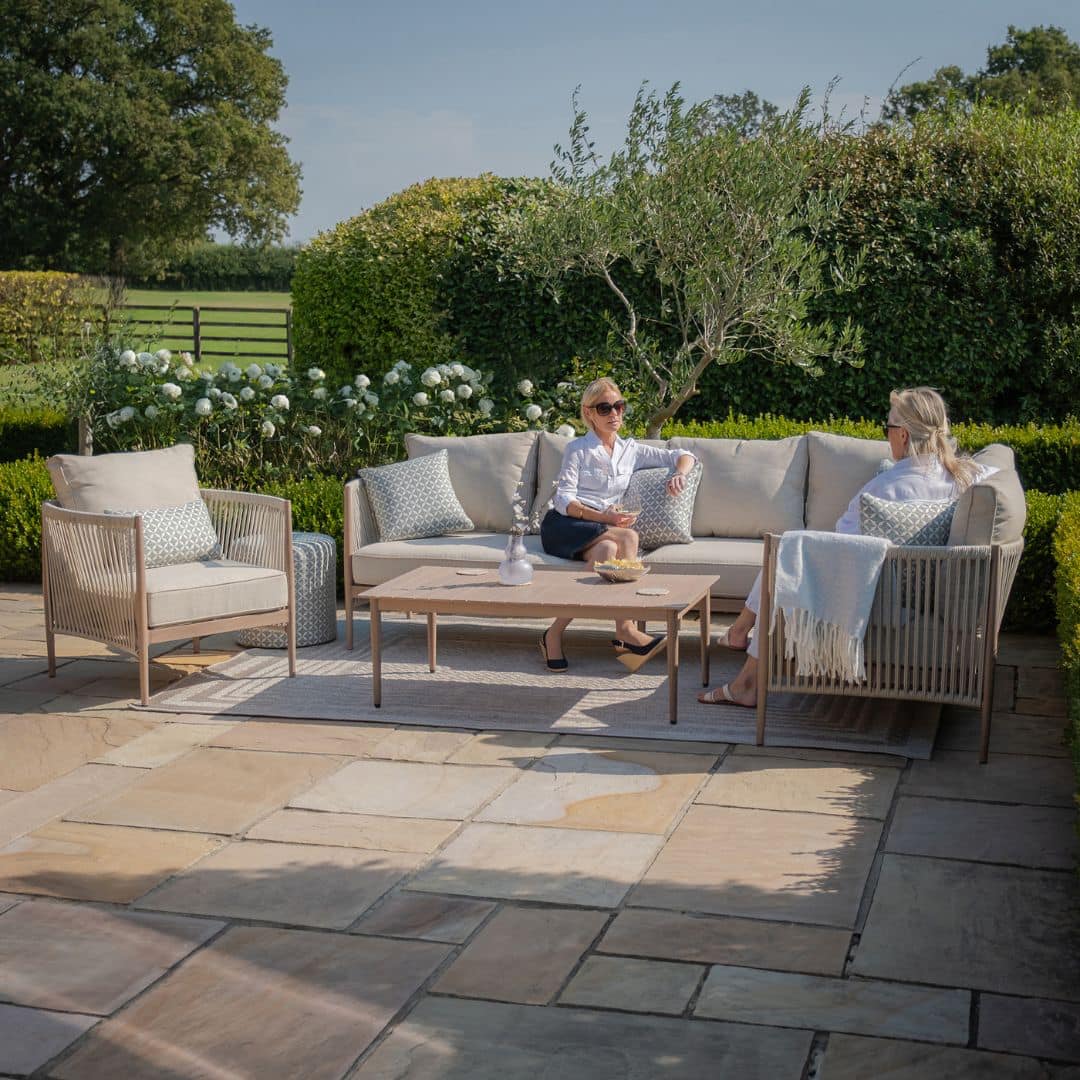 natural linen rope weave corner sofa set with single chair and wood effect aluminium frame