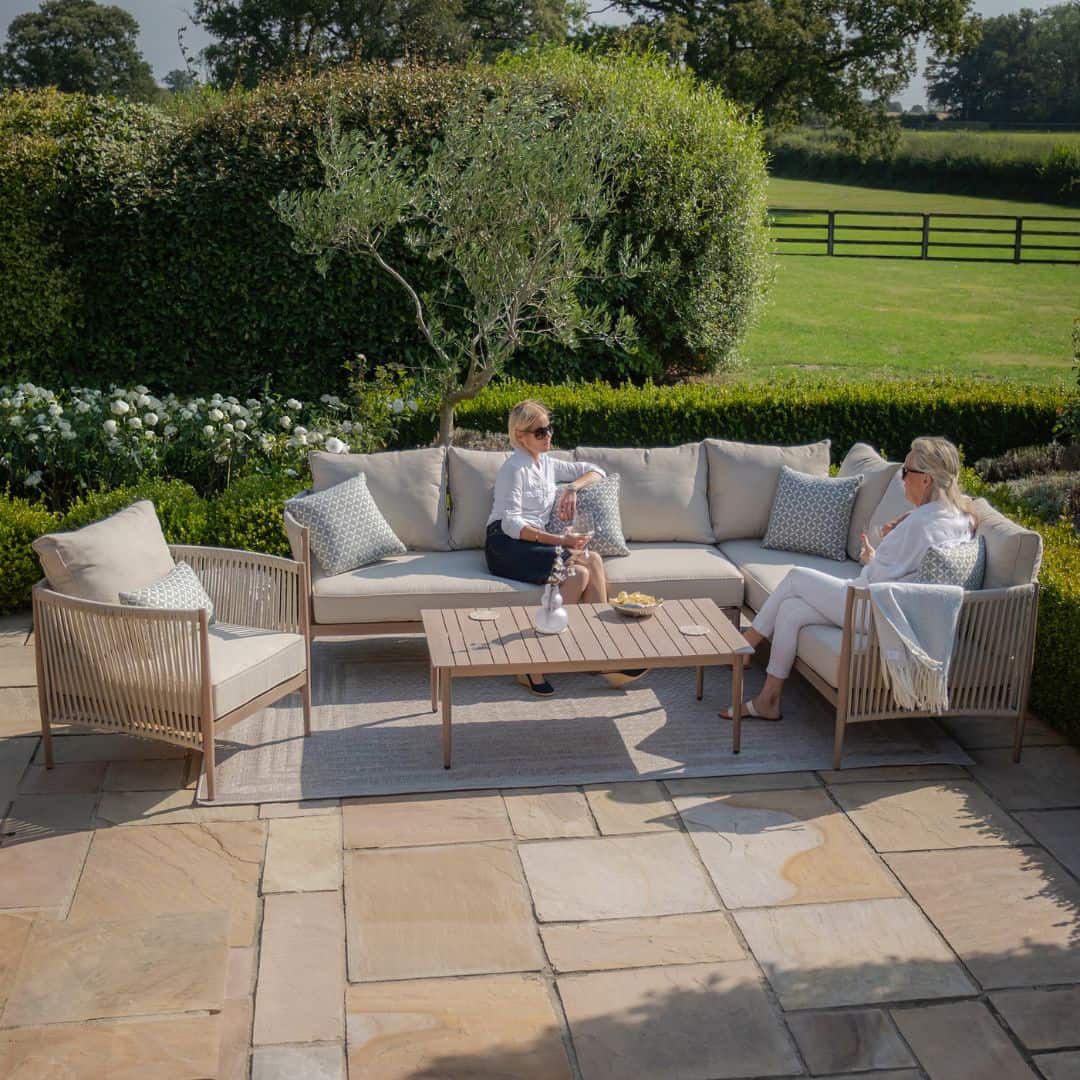 natural linen rope weave corner sofa set with single chair and wood effect aluminium frame