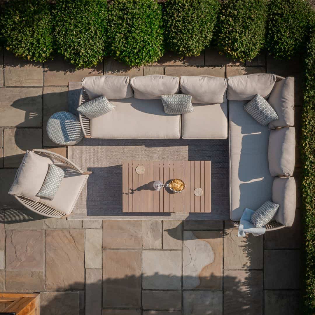 natural linen rope weave corner sofa set with single chair and wood effect aluminium frame