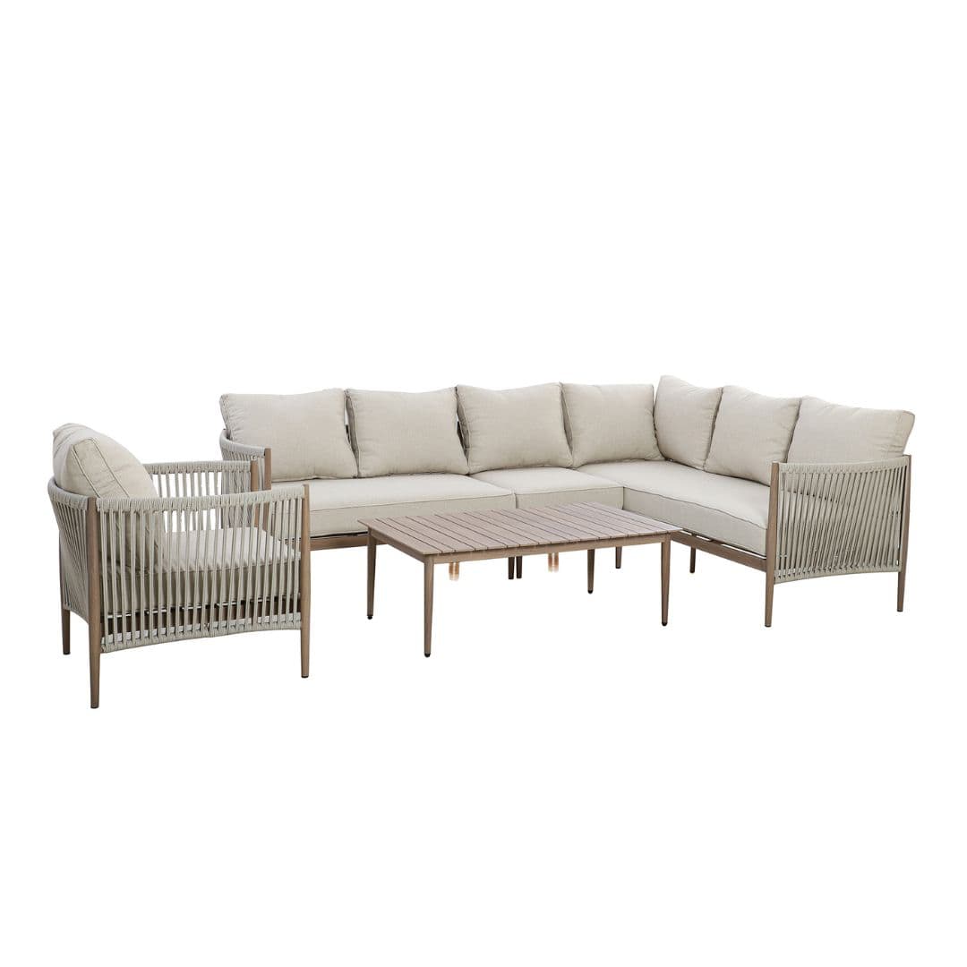 natural linen rope weave corner sofa set with single chair and wood effect aluminium frame