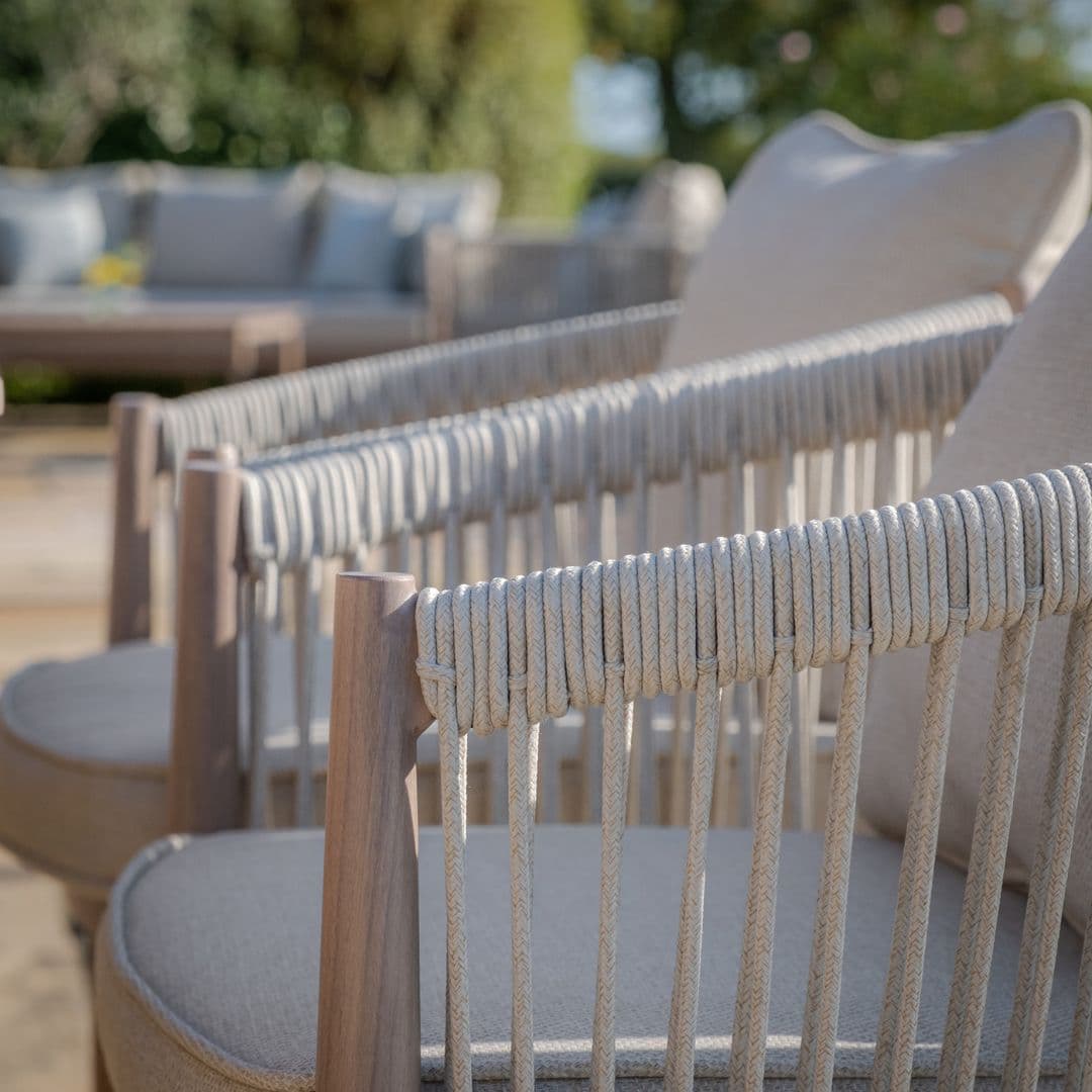 natural linen rope weave 8 seat dining set with wood effect aluminium frame