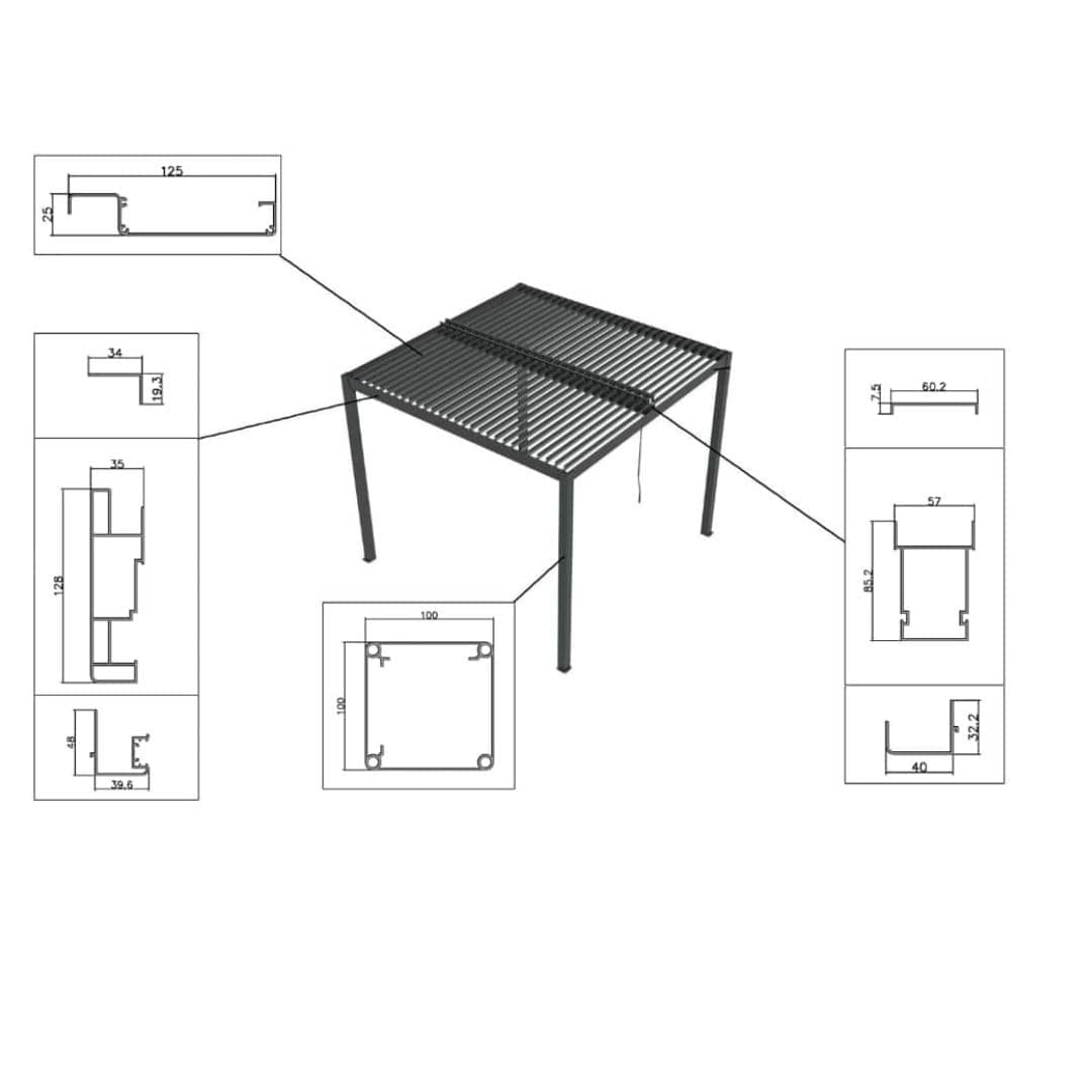 image of pergola showing the dimensions of each component