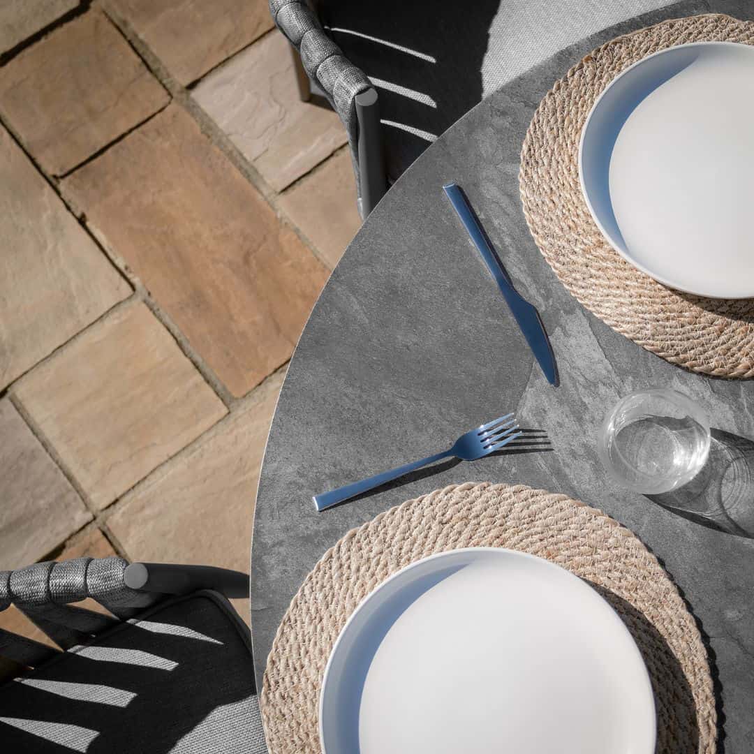 Mid Grey Rope Weave Fabric and Charcoal Frame 6 Seat Oval Dining Set with Lazy Susan #colour_mid grey and charcoal