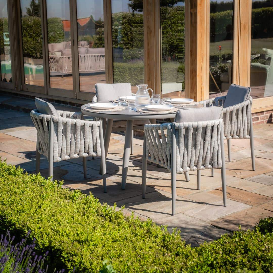 Light Grey Rope Weave Fabric and Grey Frame 4 Seat Round Dining Set with Lazy Susan #colour_cool linen and dawn grey