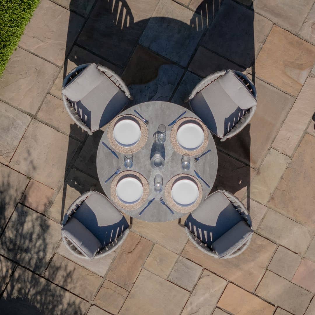 Light Grey Rope Weave Fabric and Grey Frame 4 Seat Round Dining Set with Lazy Susan #colour_cool linen and dawn grey