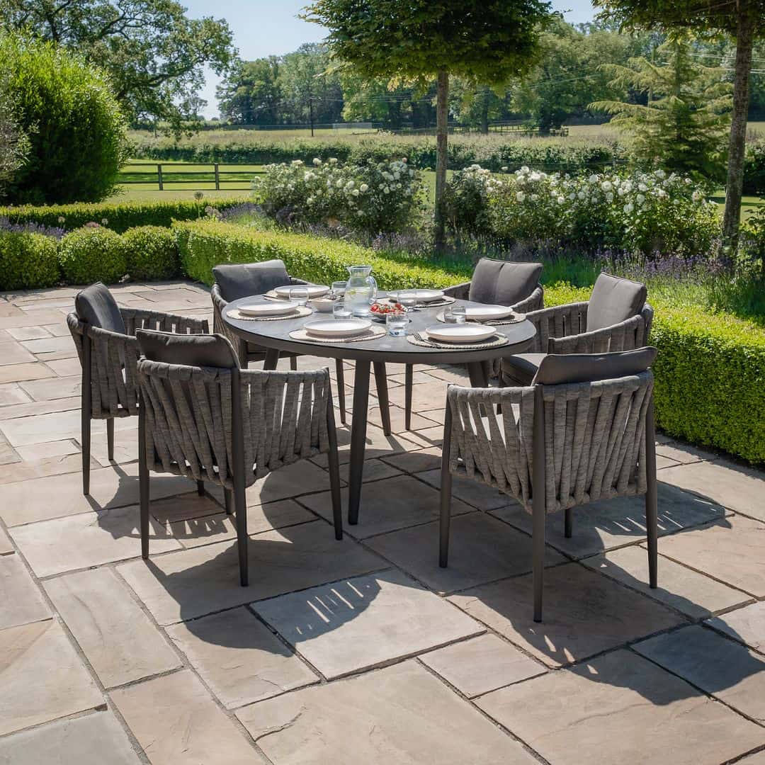 Mid Grey Rope Weave Fabric and Charcoal Frame 6 Seat Oval Dining Set with Lazy Susan #colour_mid grey and charcoal