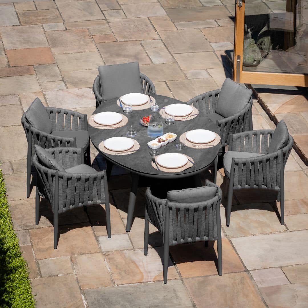 Mid Grey Rope Weave Fabric and Charcoal Frame 6 Seat Oval Dining Set with Lazy Susan #colour_mid grey and charcoal