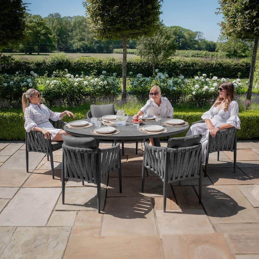 Mid Grey Rope Weave Fabric and Charcoal Frame 6 Seat Oval Dining Set with Lazy Susan #colour_mid grey and charcoal