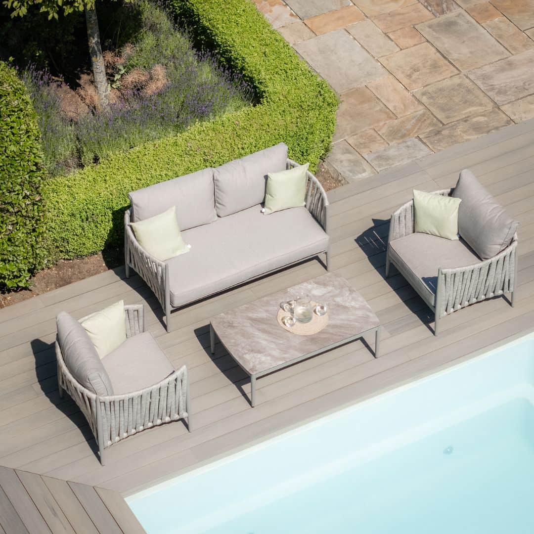 Light Grey Rope Weave Fabric and Grey Frame 2 Seat Sofa Set with 2 Armchairs and a Rectangular Coffee Table #colour_cool linen and dawn grey