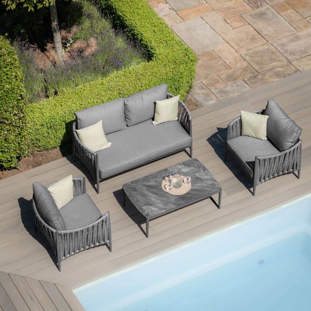 Mid Grey Rope Weave Fabric and Charcoal Frame 2 Seat Sofa Set with 2 Armchairs and a Rectangular Coffee Table #colour_mid grey and charcoal