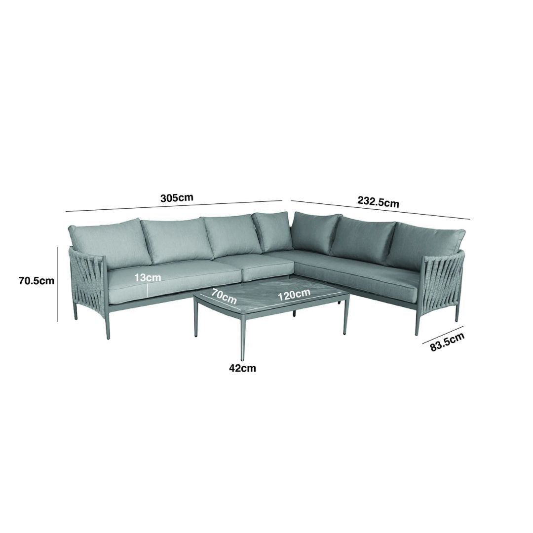 Dimension Footprint of a Rope Weave Fabric Large Corner Sofa with a Rectangular Coffee Table