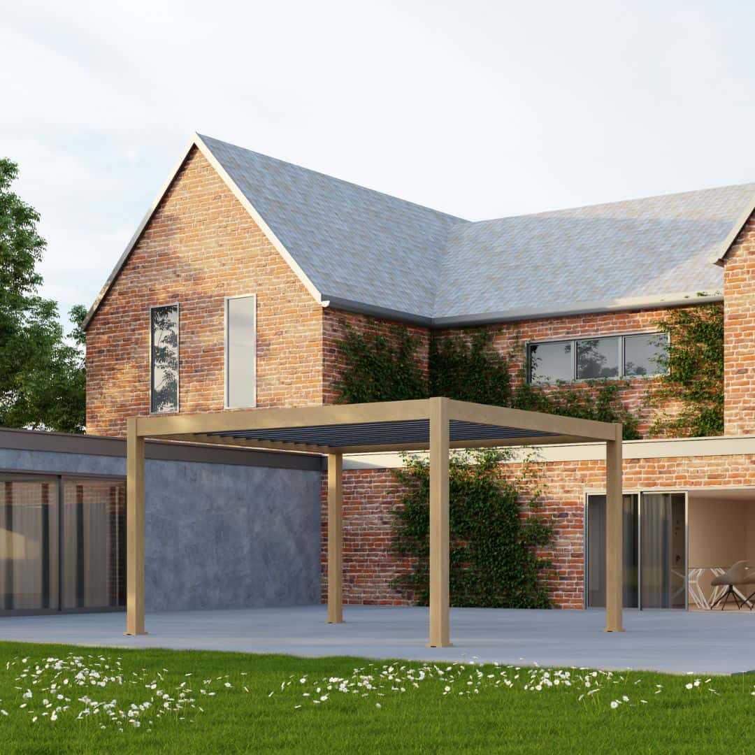 2.5m x 2.5m aluminium pergola in light oak wood effect