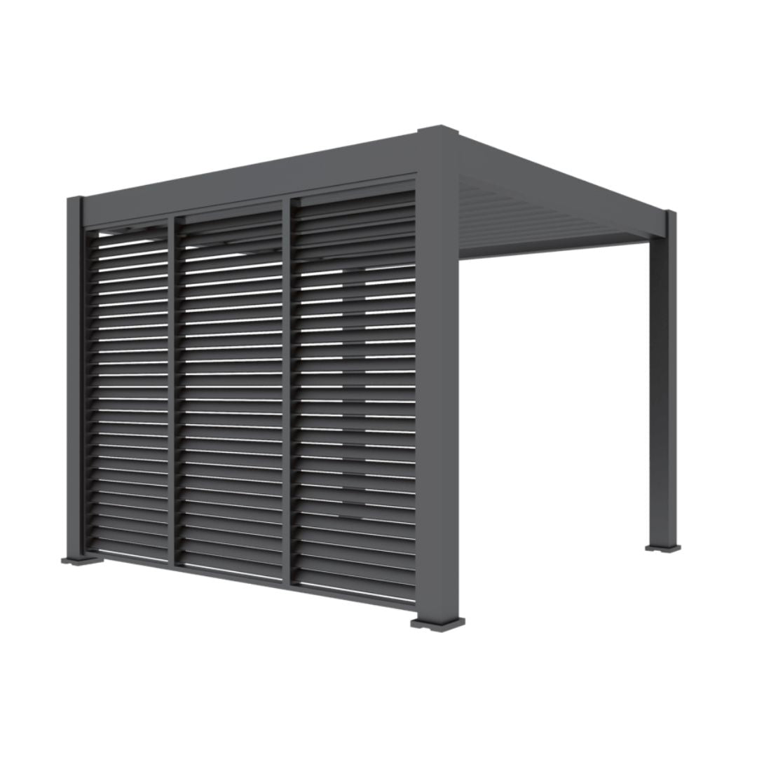 Grey aluminium pergola with a fixed louvred side panel