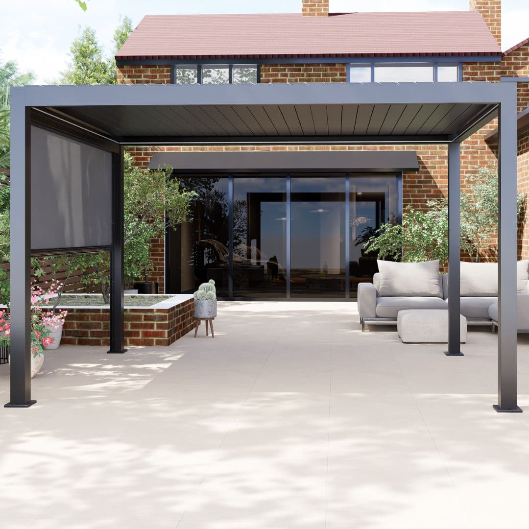 Aluminium pergola with textile privacy screen.