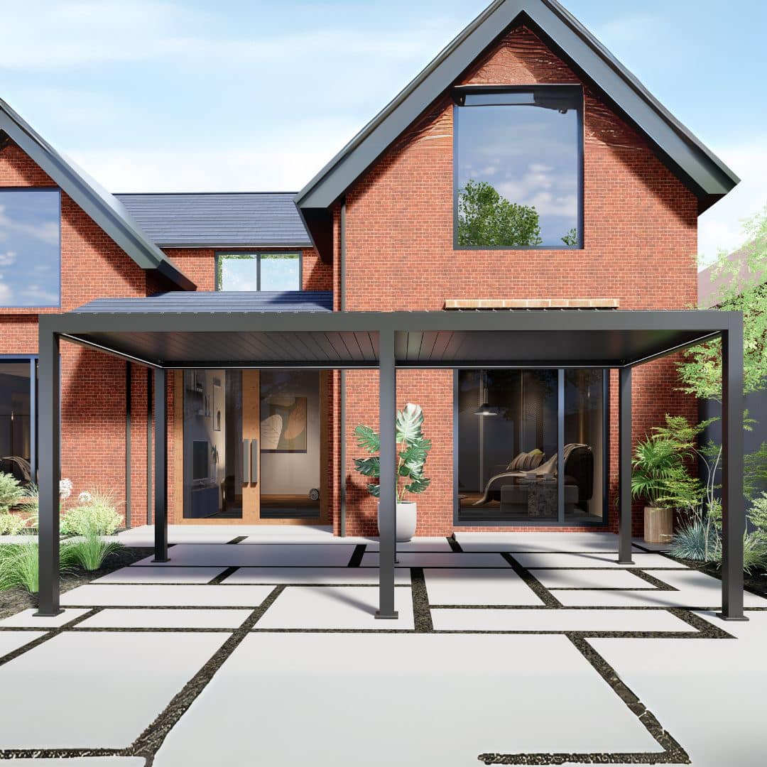 3m x 6m anthracite grey aluminium pergola with motorised louvred roof and white LED lights.