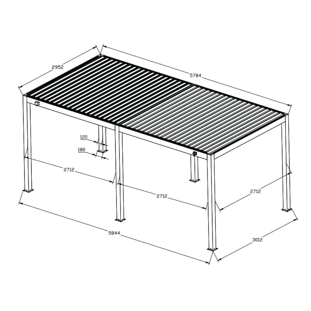 Line drawing of a 3m x 6m anthracite grey aluminium pergola with motorised louvred roof.