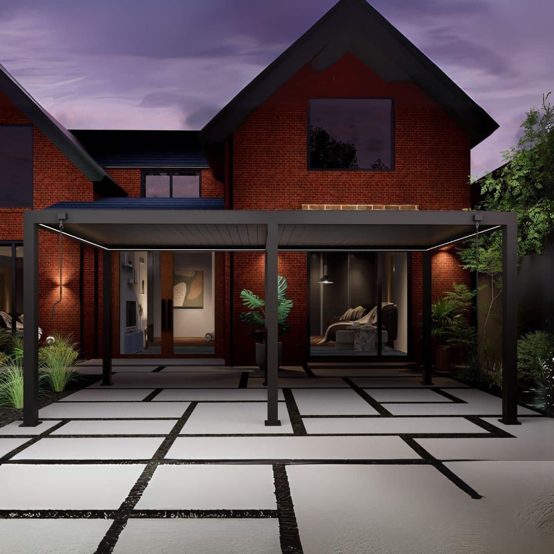 3m x 6m anthracite grey aluminium pergola with manual louvred roof and manual privacy screen and white LED lights.