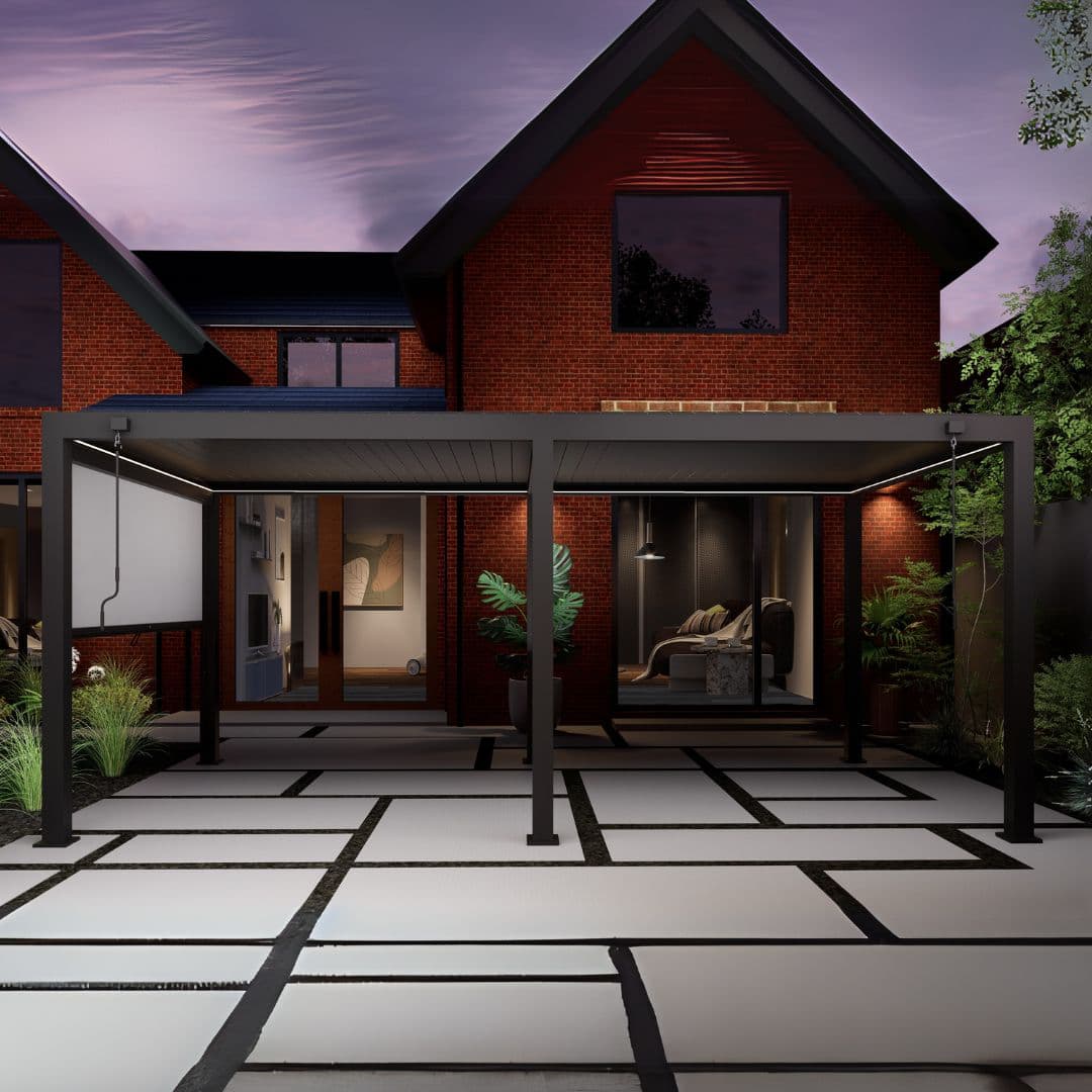 3m x 6m anthracite grey aluminium pergola with manual louvred roof and manual privacy screen and white LED lights.