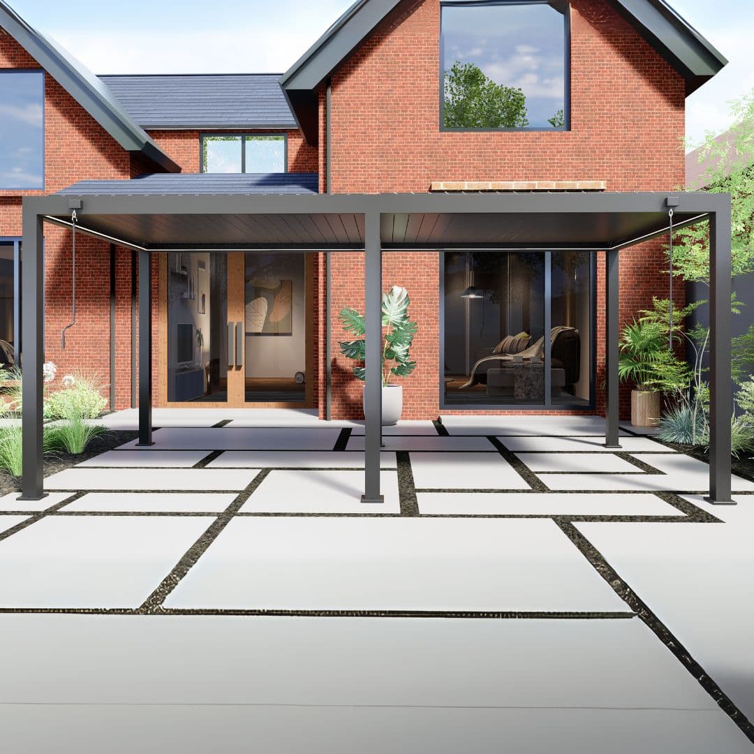 3m x 6m anthracite grey aluminium pergola with manual louvred roof and manual privacy screen and white LED lights.