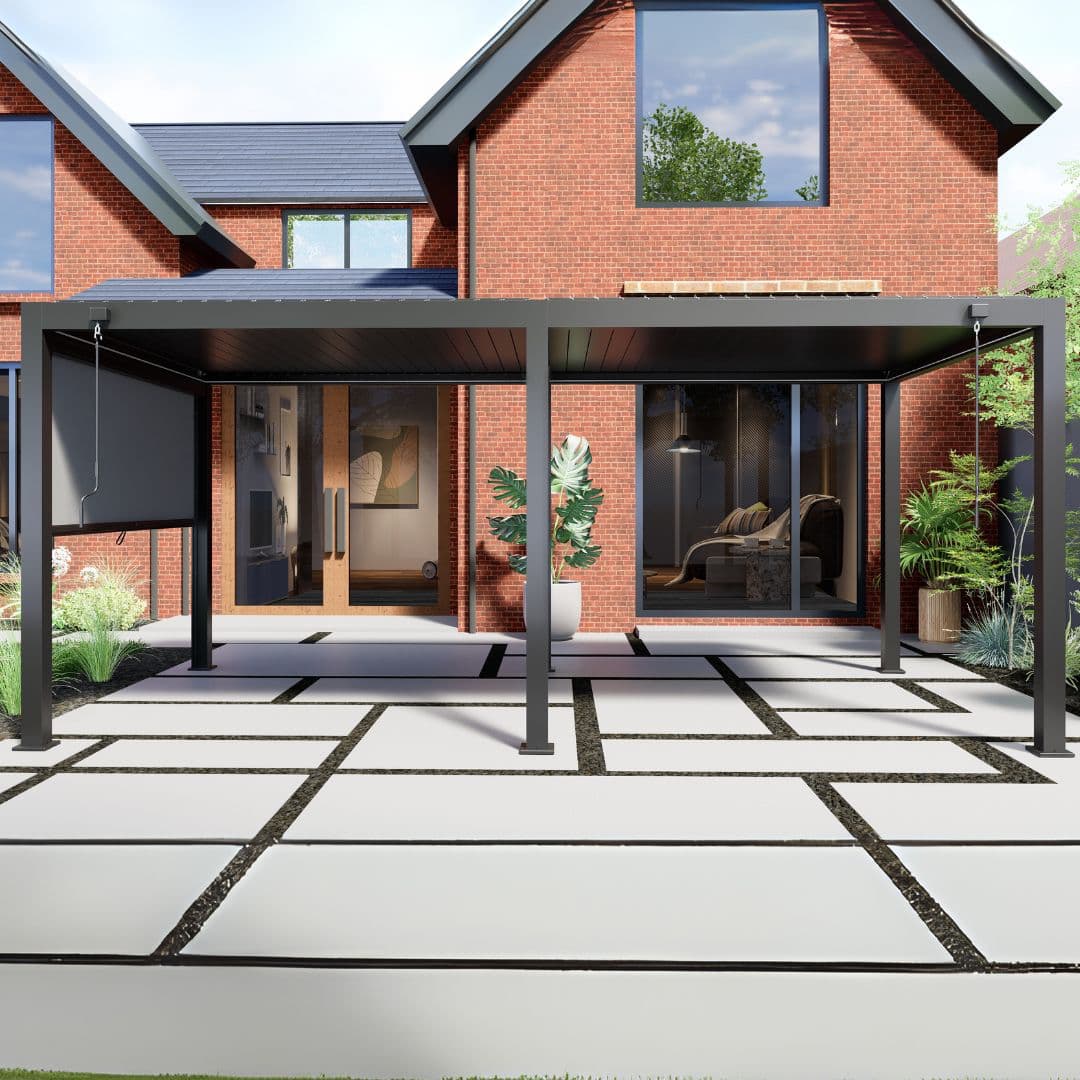 3m x 6m anthracite grey aluminium pergola with manual louvred roof and manual privacy screen and white LED lights.