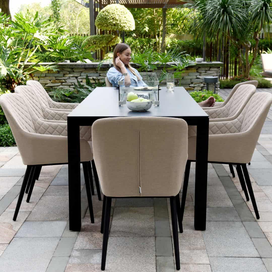 Front view of a taupe 8 seat rectangular fire pit dining set #colour_taupe