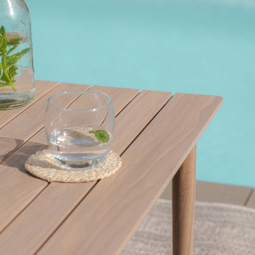 natural linen rope weave 8 seat dining set with wood effect aluminium frame