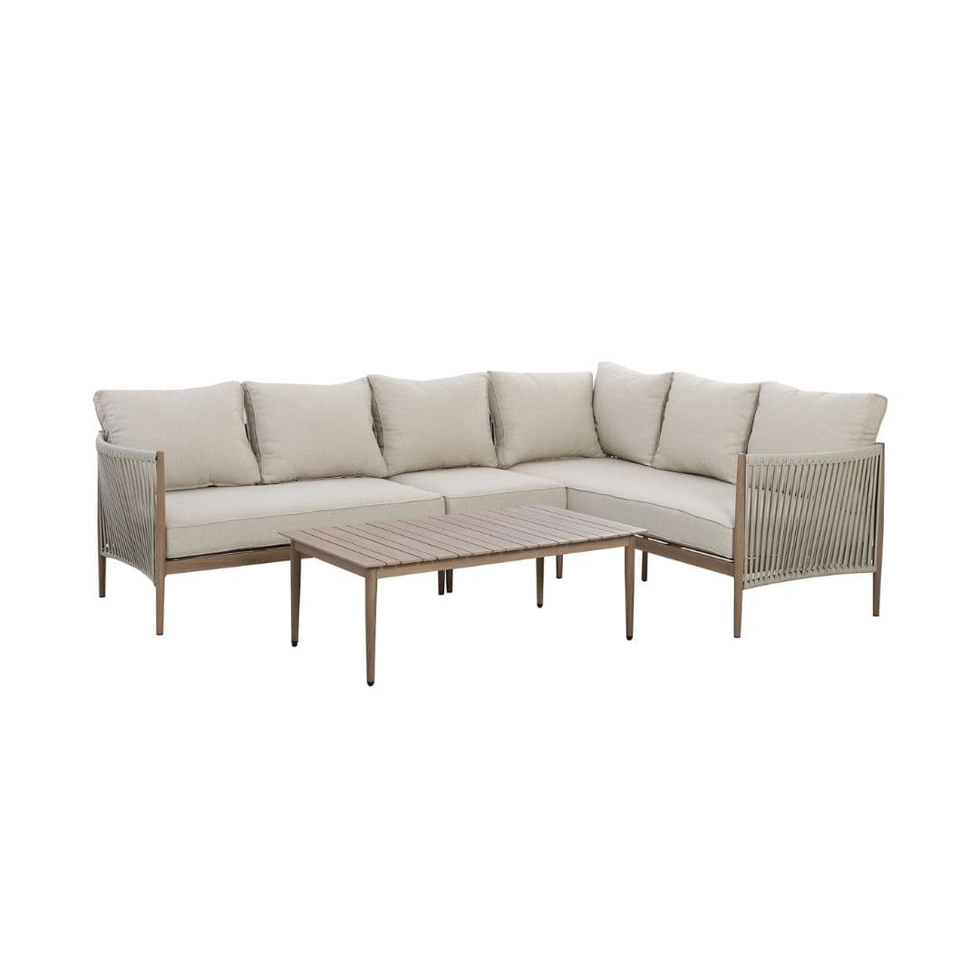 natural linen rope weave corner sofa set with wood effect aluminium frame