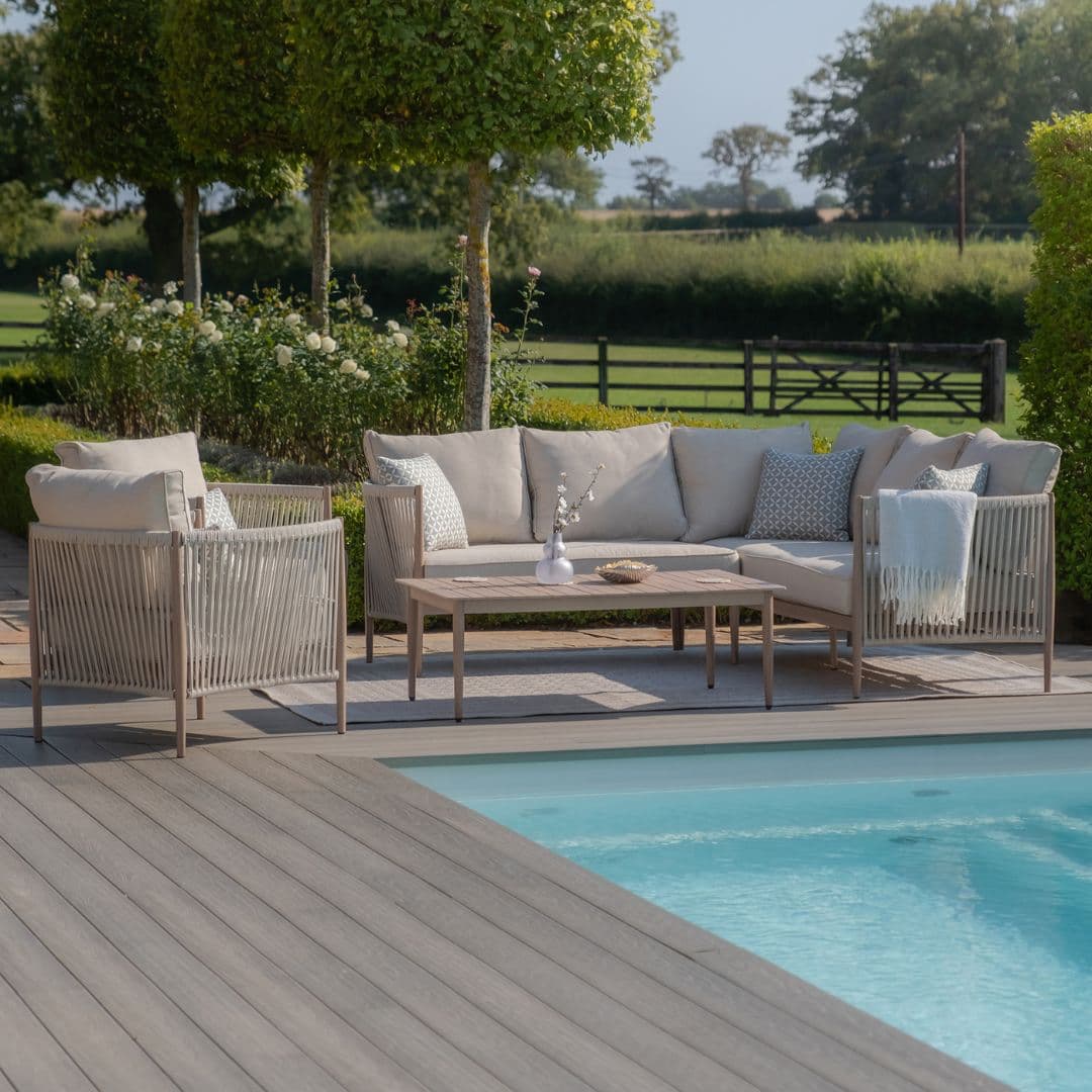 natural linen rope weave corner sofa set with two single chairs and wood effect aluminium frame