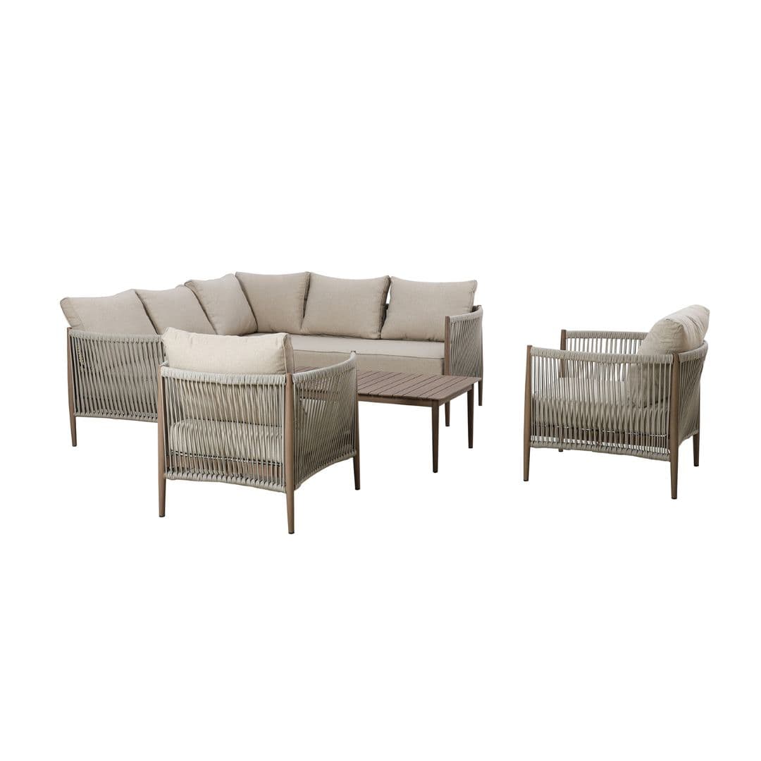 natural linen rope weave corner sofa set with two single chairs and wood effect aluminium frame