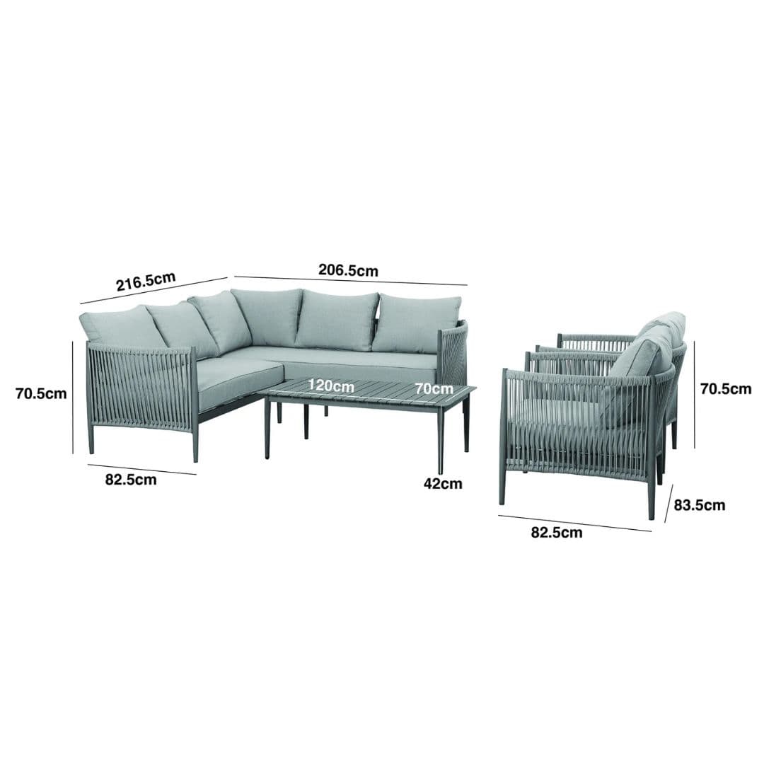 dimension footprint of rope weave corner sofa set and two single chairs