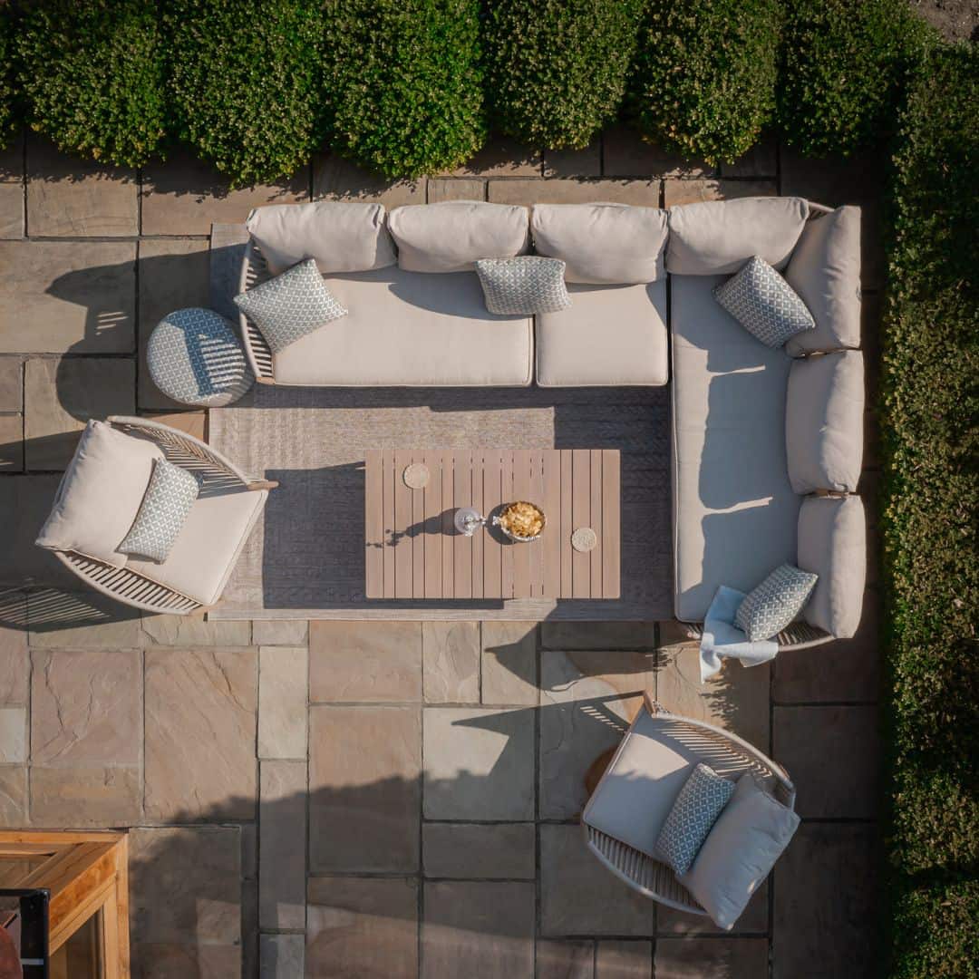 natural linen rope weave corner sofa set with two single chairs and wood effect aluminium frame